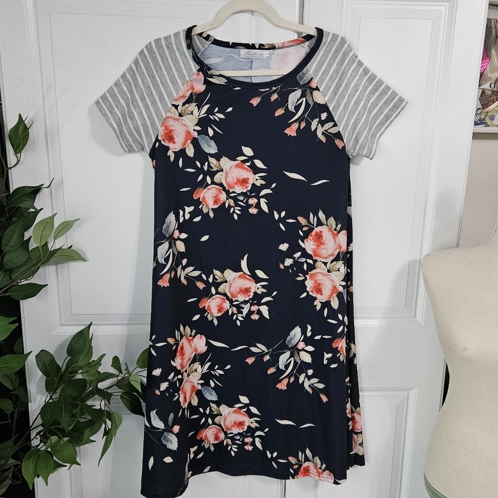 Floral Dress with Striped Sleeves